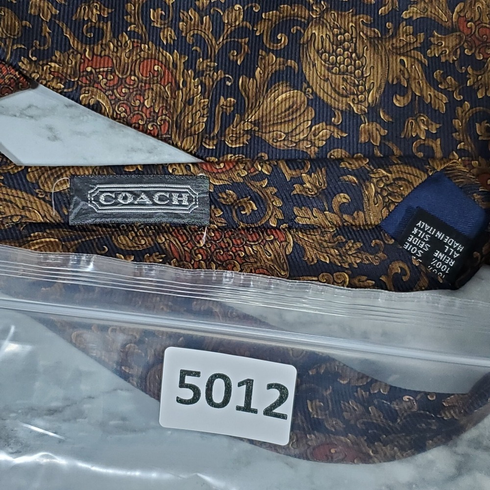 Coach Men's Blue Gold Floral One Size 100% Silk Designer Necktie Formal Wear - Picture 9 of 9
